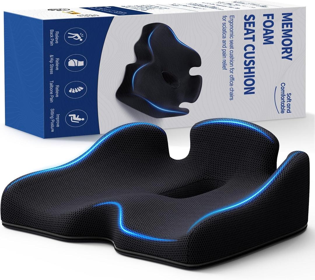 Benazcap Standard Memory Seat Cushion for Office Chair Pressure Relief Sciatica & Tailbone Pain Relief Firm Coccyx Pad for Long Sitting, Office Chair, Gaming Chair and Car Seat-Black, Standard Size (17" x 13" x 5")