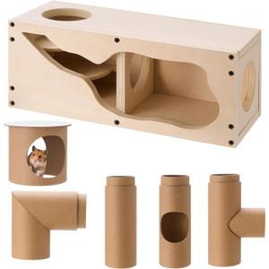 AceOrbit Hamster Tunnel Tubes and Wooden House Set, Composable DIY Hamster Tunnels and Hideout, Small Animal Tube for Mouse Gerbils Mice or Other Small Animals Habitat