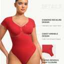 FeelinGirl Short Sleeve Bodysuit for Women V Neck Tummy Control Shapewear Seamless Thong Body Suits Tops (Red, XL)