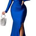 Vakkest Women's Off Shoulder Prom Evening Gowns Sexy High Split Maxi Dress Long Sleeve Cocktail Wedding Guest Dresses (Large, Floor Blue)