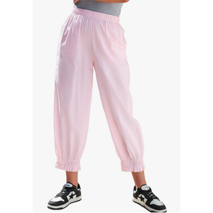 EVALESS Women's Pajama Pants Elastic Waist Lightweight Striped Pjs Lounge Cropped Pants with Pockets, Pink, L