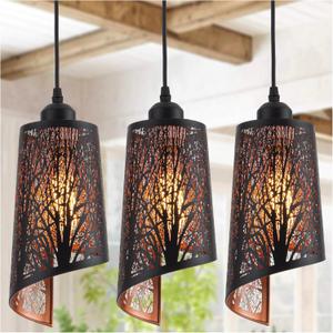 Industrial Black Pendant Light Fixture Vintage Mini Black Pendant Lighting with Gold Finish Rustic Hollow-Carved Small Pendant Light for Kitchen Island, Dining Room, Bedroom, 3 Pack