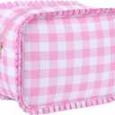 Pink Gingham Ruffle Makeup Bag Large Travel Cute Checkered Cosmetic Toiletry Bag with Zipper for Women Girls, Toiletry Pouch Make up Organizer Gift