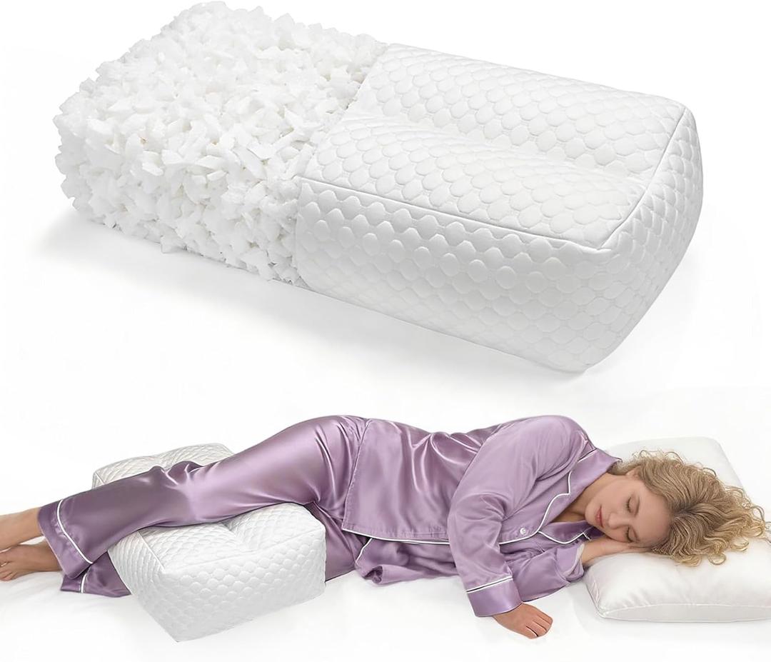 Shredded Memory Foam Knee Pillow for Side Sleepers, Supportive Leg Pillow for Side Sleeping, Relieve Hip Back & Leg Pain, White