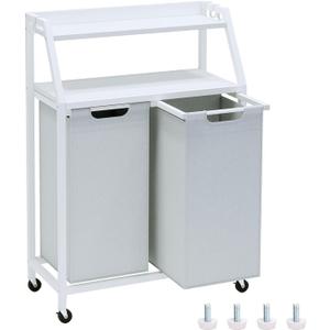Laundry Hamper, Laundry Sorter 2 Section, Rolling Laundry Basket with Wheels, 2 Shelves, 2  14.5 Gal, Pull-Out and Removable Oxford Fabric Bags, for Laundry Room, White and Grey