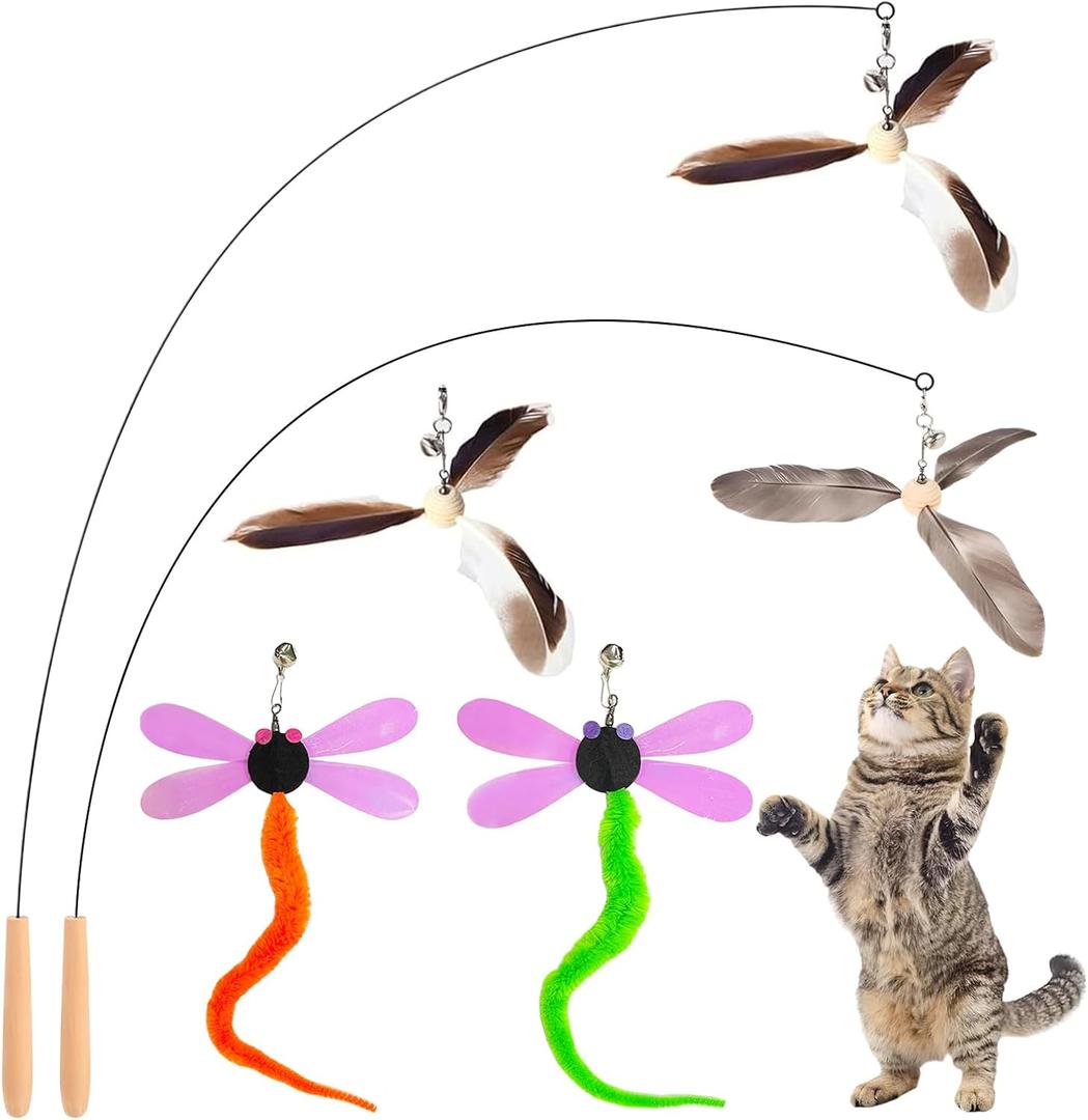 Kingtree Cat Teaser Wand Toys, Interactive Feather Cat Wand Toy with 5 Bell Feather Refills & 2Pcs 35'' Flexible Steel Wire Wood Handle Wands, Cat Feather Toys for Indoor Cats to Play Chase Exercise (7-Pack (Feathers Set))