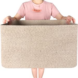 MINTWOOD Design 22in Extra Large Blanket Basket Holder Living Room, Rectangle Rope Woven Storage Basket with Handles for Laundry, Pool Towels, and Shoes, Dog Toy Organizer Bin Box, Oatmeal Brown