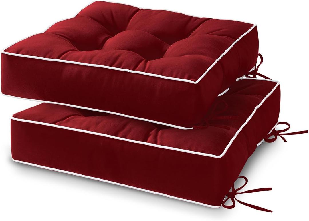 HARBOREST Outdoor Chair Cushions Set of 2, Tufted Patio Chair Cushions with Ties, Square Corner Outdoor Cushions for Patio Furniture, Lawn Chairs, Wicker Chairs, 17" x 17" x 5", Burgundy