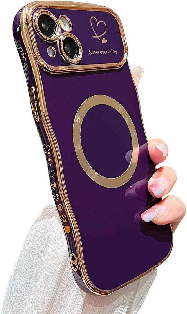 ZONRW for iPhone 14 Plus Case Magnetic,for Women Girls Soft Cute Wave Frame Curly Shape Love Heart Luxury Plating Phone Case Compatible with MagSafe Shockproof Back Cover 6.7"-Dark Purple