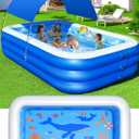 Inflatable Pool with Canopy, Upgraded Inflatable Swimming Pool for Kids, Adult, Large Inflatable Blow up Pools, Ocean Theme Oversized Thickened 100"x63"x22"Inflatable Family Pools for Backyard-Blue