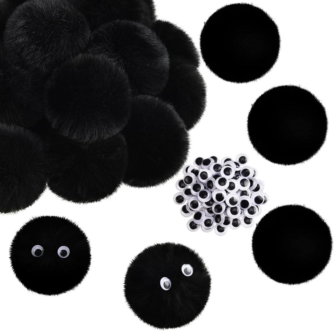 30 Pieces 2.6 Inch Black Pom Pom Balls Fluffy Craft Pom Poms Large Black Pom Poms Creative Crafts Decorations with 100 Pieces Plastic Self-adhesive Googly Eyes for DIY Craft Christmas Party Decoration