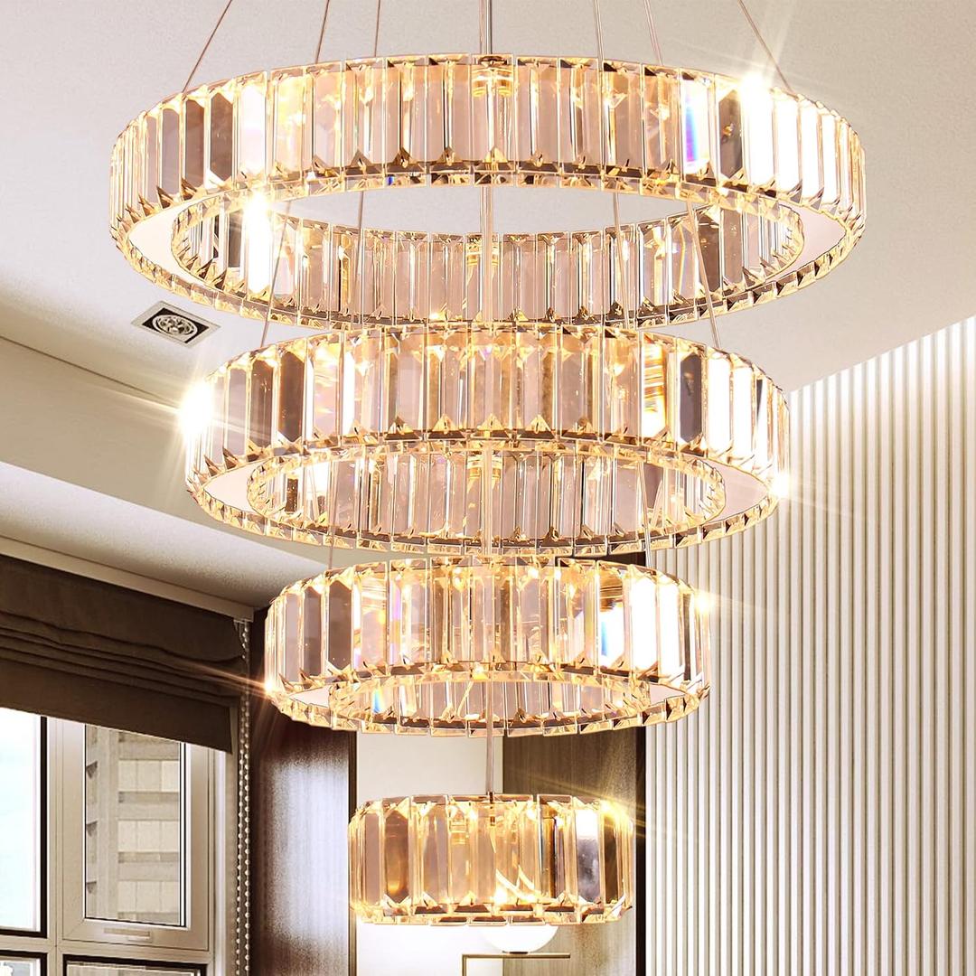 4 Rings LED Chandelier for Dining Room, Modern Crystal Chandelier Pendant Light High Ceiling Chandeliers for Bedroom Living Room Dining Room Warm White, 7.9"-11.8"-15.7"-19.7"