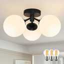 3 Light Mid Century Modern Black Semi Flush Mount Ceiling Light Milk Glass Globe Ceiling Lights Black Chandelier 3 Light Sputnik Ceilings Light Fixture for Bedroom Living Room Hallway Entryway