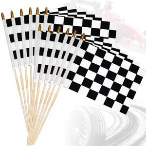 Pack of 12, 12x18 Inch Checkered Flags on Stick with Spear Top, Small Black and White Racing Flags Hand Held Race Car Flags for Birthday Party Supplies, Party Decorations