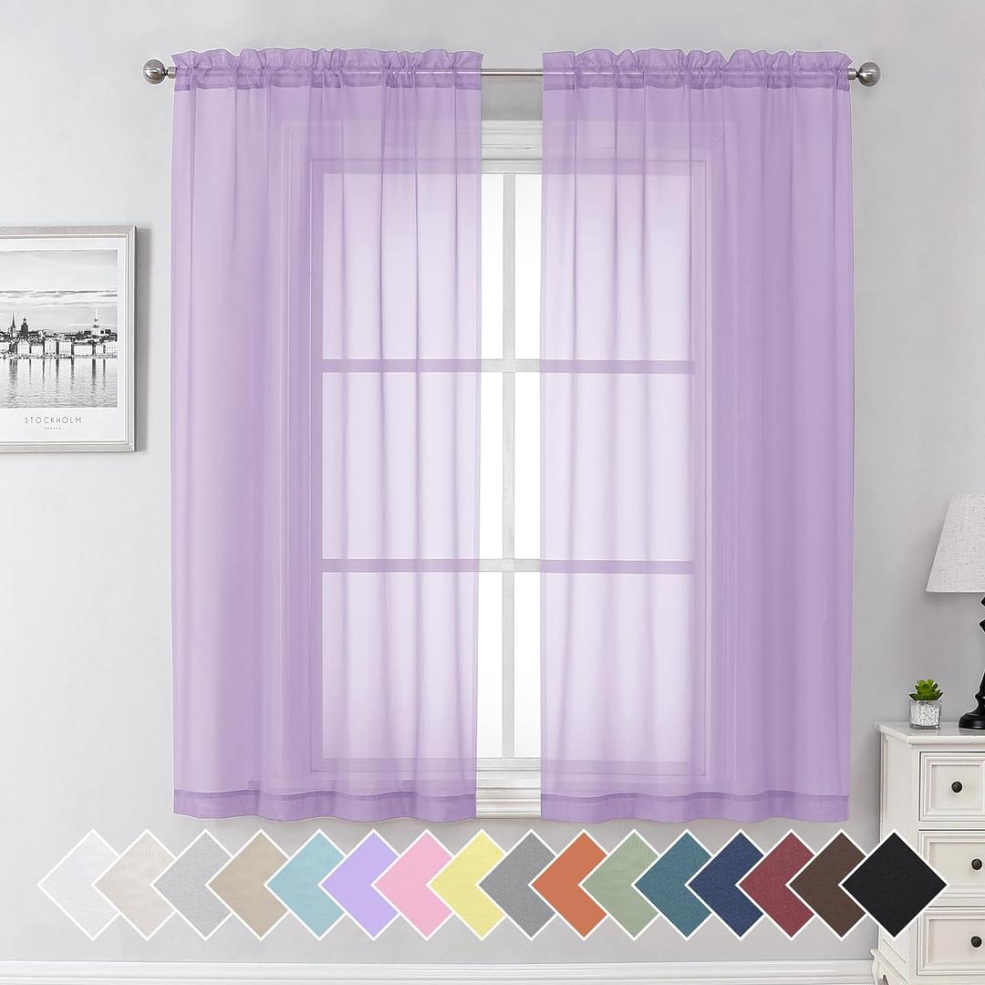 Aiyufeng Light Purple Sheer Curtain Panels Pair Sold 63 Inch Length, Light Filtering Window Curtain Drapes Treatment for Kitchen, Bedroom/Children Room, Voile Top Dual Rod Pocket, 2 Pack of 42 x 63" (Lavender)