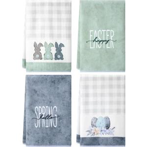 Macarrie 4 Pcs Watercolor Easter Kitchen Towels,Easter Egg Bunny Rabbit Dish Towel,17x26 Inch Bathroom Hand Towel,Absorbent Rustic Spring Tea Towel for Kitchen Bath Decor(Blue and Green,Plaid)