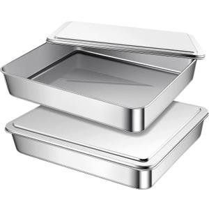 2 Sets Stainless Steel Cake Pan with Lid 9 x 11 Inch Rectangle Bread Loaf Pans with Cover Rectangle Baking Bakeware for Bread Cake Brownies, Dishwasher Safe (Classic Style)