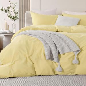 NEXHOME PRO Duvet Cover Set 100% Washed Cotton Oversized Queen 92"x98", Organic Natural Linen Look Textured 3 Pieces Bedding Set Cream Yellow with Zipper Closure, Breathable Soft