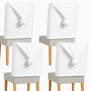 Moukeren Christmas Chair Covers Set of 4 White Faux Fur Santa Claus Hat Chair Back Covers Fluffy Shag Plush Dining Slipcovers for Xmas Holiday Indoor Kitchen Dinning Room Table Party Decoration