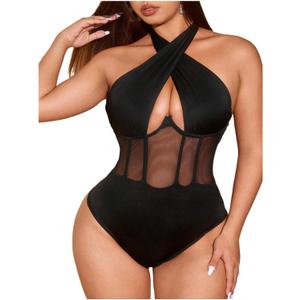 OYOANGLE Women's Plus Size Corset Bodysuit Cut Out Criss Cross Halter Sheer Body Suit Top (3X-Large Plus, Black)