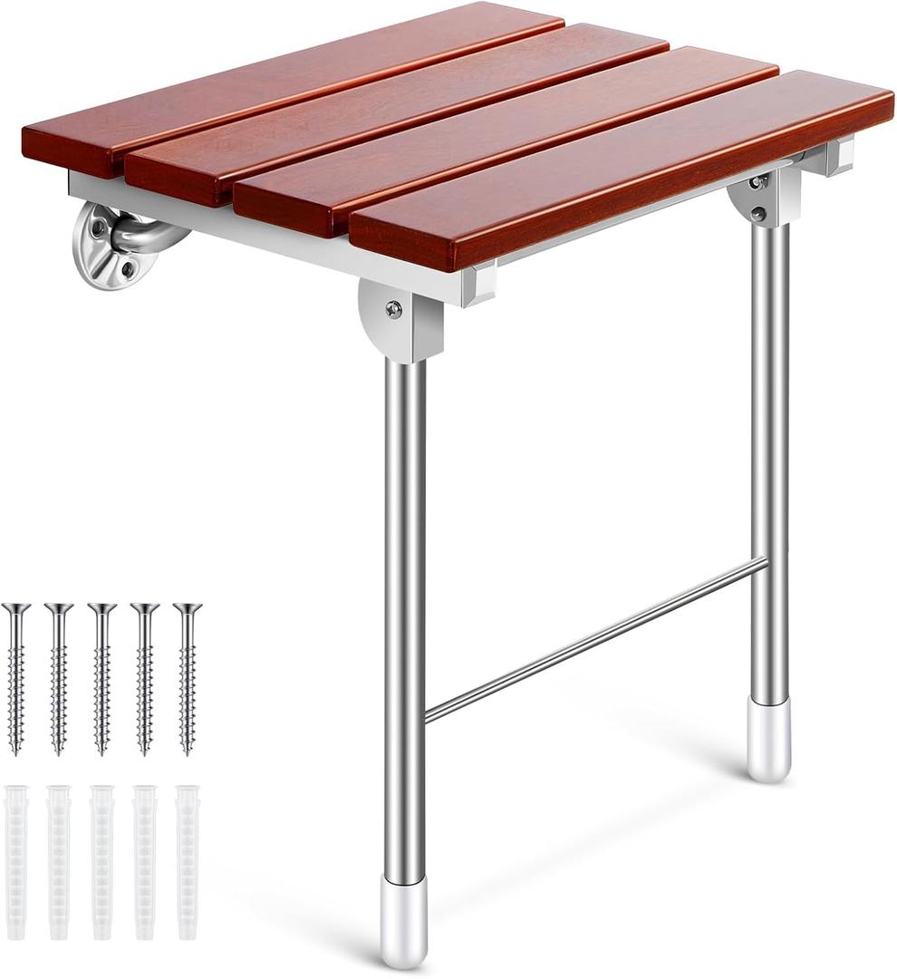 Geetery Folding Shower Seat Wall Mounted, 18'' Shower Chair with Support Legs Collapsible Bathroom Safety Bench Fold Down Wall Wood Bath Chair Seat for Elder Disabled Pregnant Adult (Load 400 Lbs)