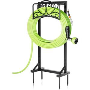 Garden Hose Holder with Tool Hooks and Stable Base, Heavy-Duty Garden Hose Storage Metal Hose Hanger Holds 160Ft, Rustproof Freestanding Water Hose Holder for Outside, Yard, Lawn, Farm, Black