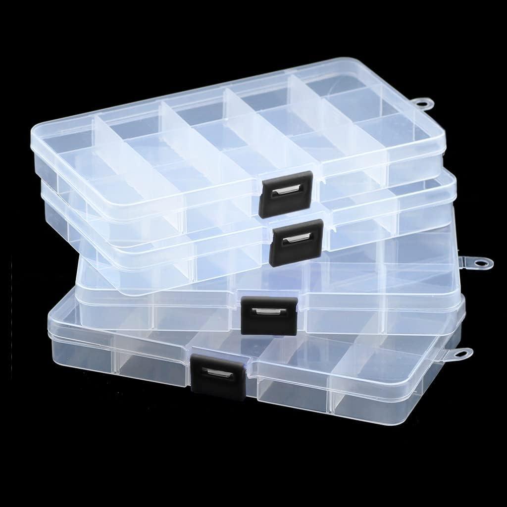 4 Pcs 15 Grids Clear Organizer Box Plastic Storage Container with Adjustable Dividers for Beads Art DIY Crafts Jewelry Fishing Electronics Small Parts