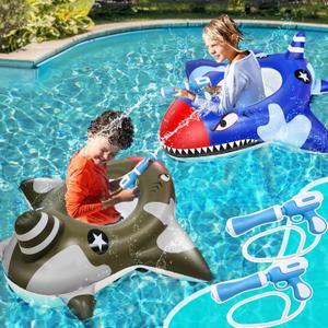 AMENON 2 Pack Shark Battle Pool Floats with 2 Water Guns for Kids Ages 3-11, Toddler 40-Inch Extra-Large Inflatable Water Toys for Boys Girls Swimming Pool Party