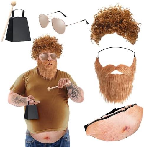 Mepase 6 Pcs Halloween Cowbell Costume Accessories Set Adult Costumes Outfit with Brown Afro Wig Beards, Sunglasses, Drumsticks, Fake Belly, Cowbells for Halloween Party Cosplay