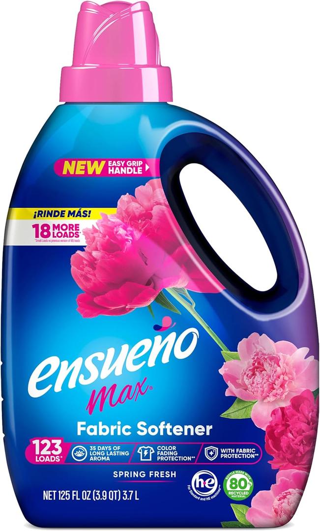 Ensueo Max Liquid Fabric Softener - Spring Fresh Scent - 125 fl oz - Color-Safe Fabric Softener Liquid - Softens 123 Loads - Reduces Wrinkles & Static