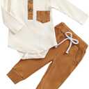 fhutpw Baby Boy Clothes Ribbed Knitted Long Sleeve Romper and Pants Sets Newborn Fall Splicing Color Outfits (White&khaki) 3-6 months