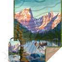 Outdoor Camping Blanket with Sherpa Lining, Extra Warm Thick Camp Blankets and Puffy Ultralight Soft Poncho DWR Camping Quilt for Cold Weather, Adventure, Sleeping, Backpacking 78"x 56" (Purple Deer Language)