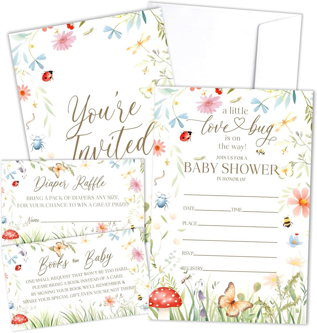 A Little Love Bug Baby Shower Invitation With Envelopes, Diaper Raffle Tickets, Books Request Cards, Insect Baby Shower Decorations Supplies Favors Set, Gender Reveal Party Invites, 25 Cards Each -05