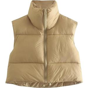 Shiyifa Women's Fashion High Neck Zipper Cropped Puffer Vest Jacket Coat (Medium, Khaki)