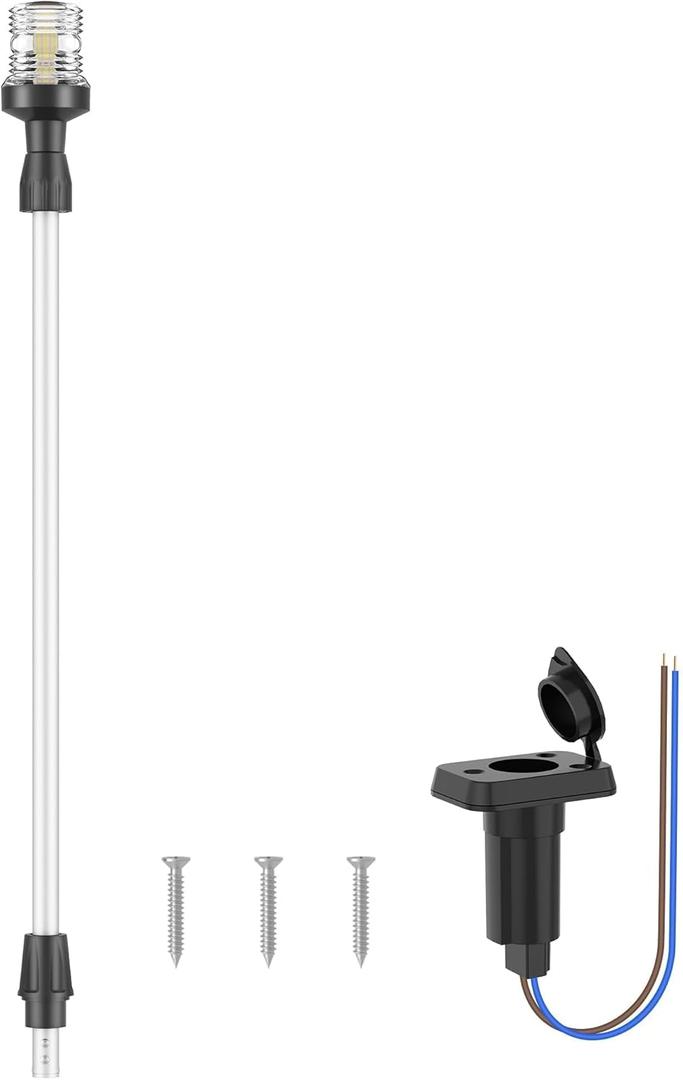 Obcursco Boat Stern Lights, Telescoping Pole 27"-48" LED Anchor Light with Base, 12V Adjustable 3NM 360 Navigation Lighting for Pontoon, Yacht, Bass, and Fishing Boats (27"-48", Silver)