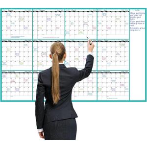 Large Dry Erase Calendar for Wall - Undated 12 Month Wall Calendar, 3758", Yearly Wall Calendar Dry Erase, Erasable & Reusable Calendar with 15 Round Stickers, Green Large Wall Calendar Dry Erase