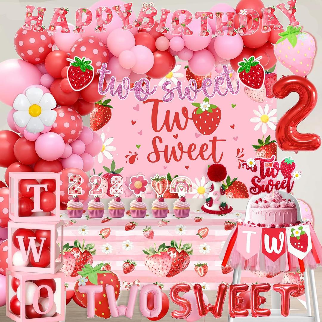 Strawberry Two Sweet 2nd Birthday Decorations for Girls Berry 2nd Birthday Party Decorations Kit Cake Topper Balloon Arch High Chair Banner Strawberry Theme Backdrop Party Decor