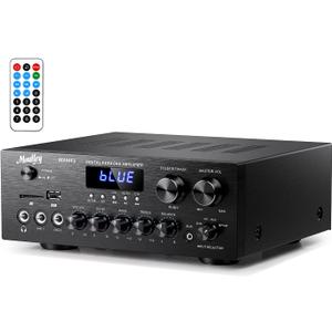 Moukey Stereo Receivers with Bluetooth 5.0, 2.0 Channel Power Audio Amplifier Stereo System w/USB, SD, AUX, RCA, MIC in w/Echo, LED for Karaoke, Home Theater Speakers, 400W Peak, 25W 2 RMS- MAMP1 (9.84 x 9.76 x 3.86 inches)