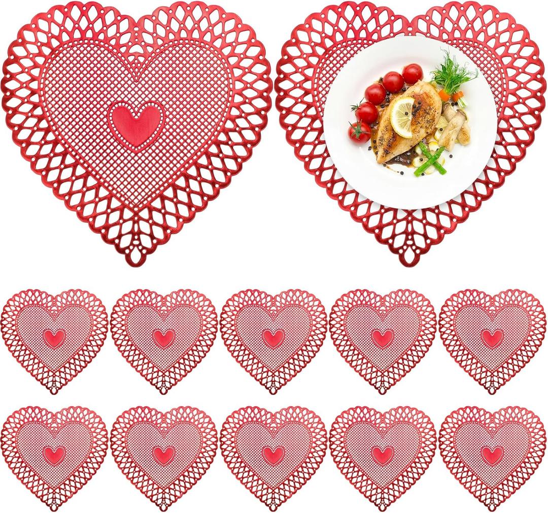 Yungyan 12 Sets Valentine's Day Heart Placemats 15'' Red Vinyl Pressed Metallic Table Mats Romantic Table Decorations Place Mats for Couples Dinner Wedding Anniversary Party(Red, Hollow Heart)