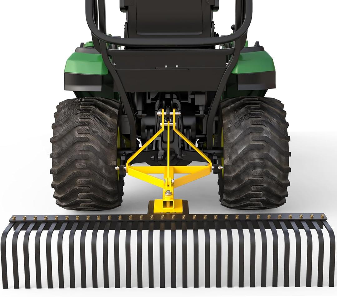 AUTOSAVER88 60" 3 Point Landscape Rake,Tow Behind Rake with 360 Degree Rotation for Category 1 Tractor Attachments,Pine Straw Harrow for Garden,Farm,2 Package in Total,Yellow & Black