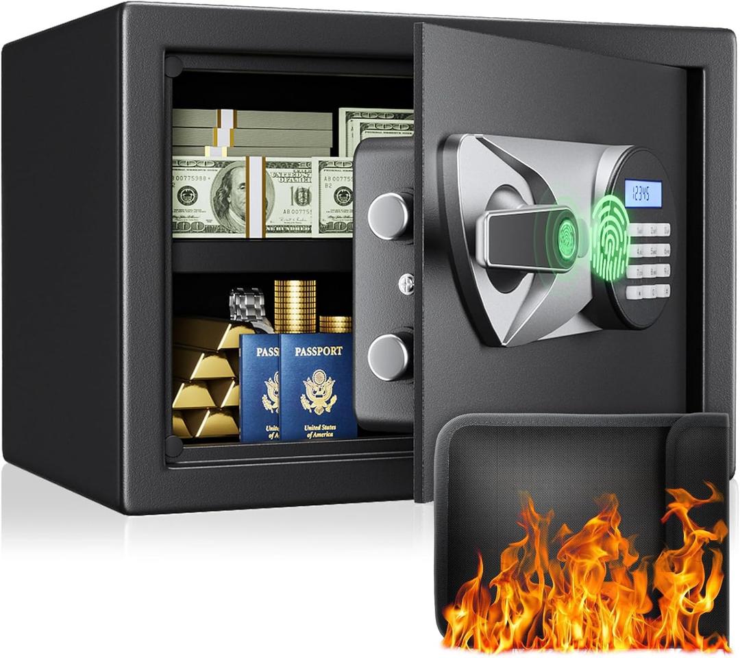 BlackSmith Home Biometric Safe 1.0 Cub - Fingerprint Recognition Box With Keys, Keypad Lock, LCD Display, Dual Alarm System - Wall Mount Cabinet for Jewelry and Valuables, Black