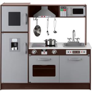 Kids Upright Wooden Kitchen Toy Playset with Stove, Oven, Sink, Fridge and Accessories, for Toddlers, Preschoolers, Children Age 3+ Years, Espresso/Gray, 39x11.8x39''