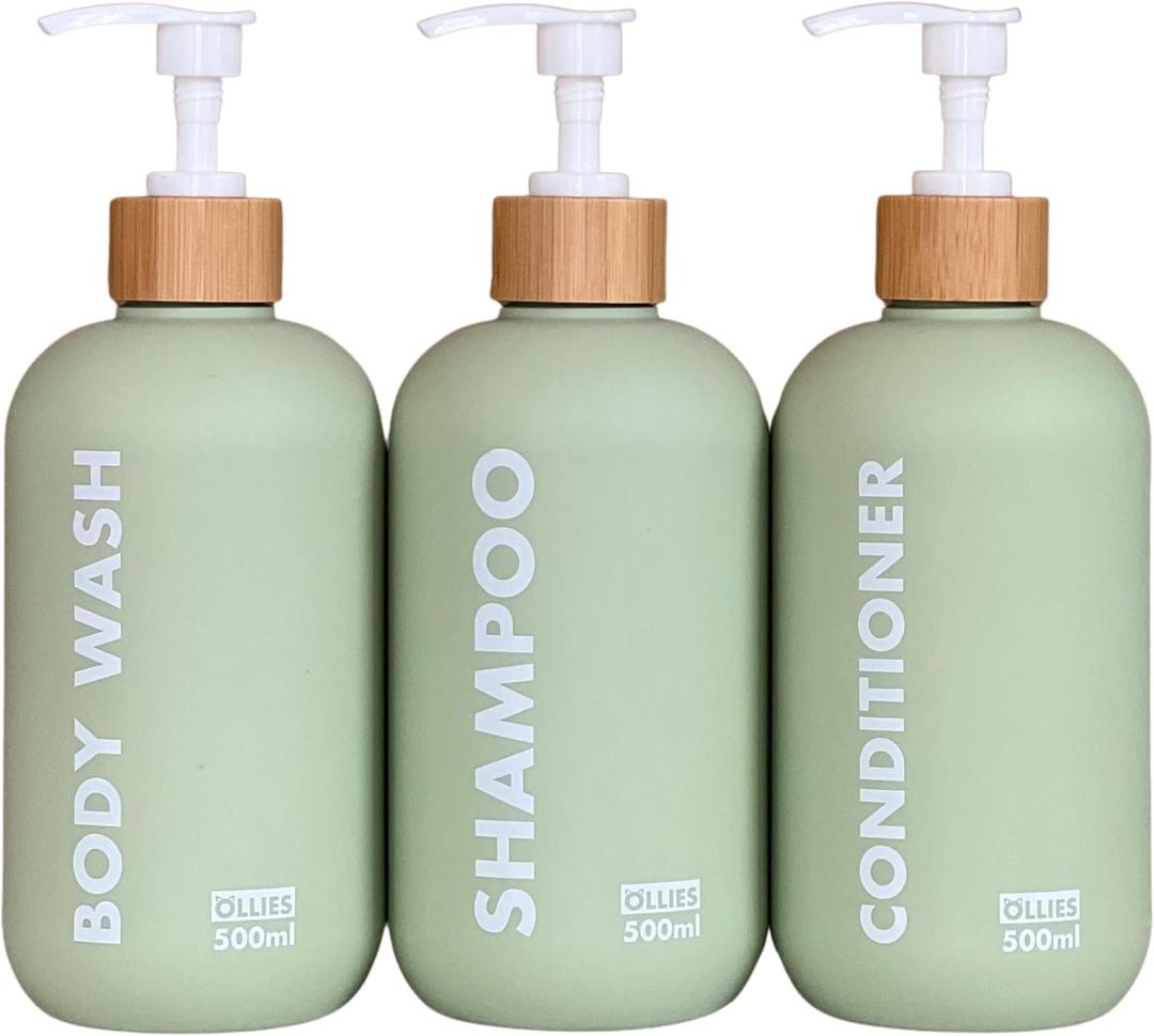 OLLIES Shampoo and Conditioner Dispenser, Shower Soap Dispenser for Bathroom-Set of 3 with Permanent Stylish Label-17oz, 500ml Refillable Shampoo and Conditioner Bottles Green