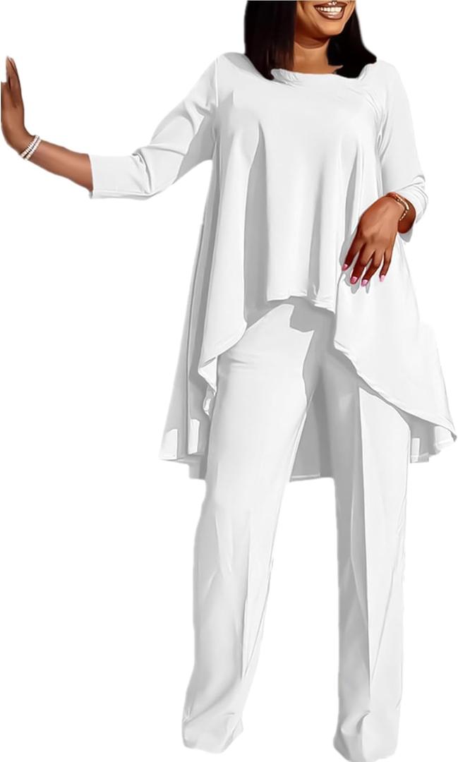 Plus Size 2 Piece Sets for Curvy Women Sexy Fall Long Sleeve Tops Wide Leg Pants Sets Sweatsuits Casual Tracksuits (1 White 821) Size Top 2 XL Pants XL