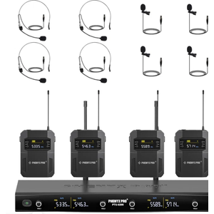 Phenyx Pro 4-Channel UHF Auto Scan Wireless Microphone System PTU-52/5200/4200- 2 Handheld Mics, 2 Bodypacks, Headset/Lapel Mics, 4 x 40 Frequencies, 328 ft, Mics for speaking, church, wedding, meeting