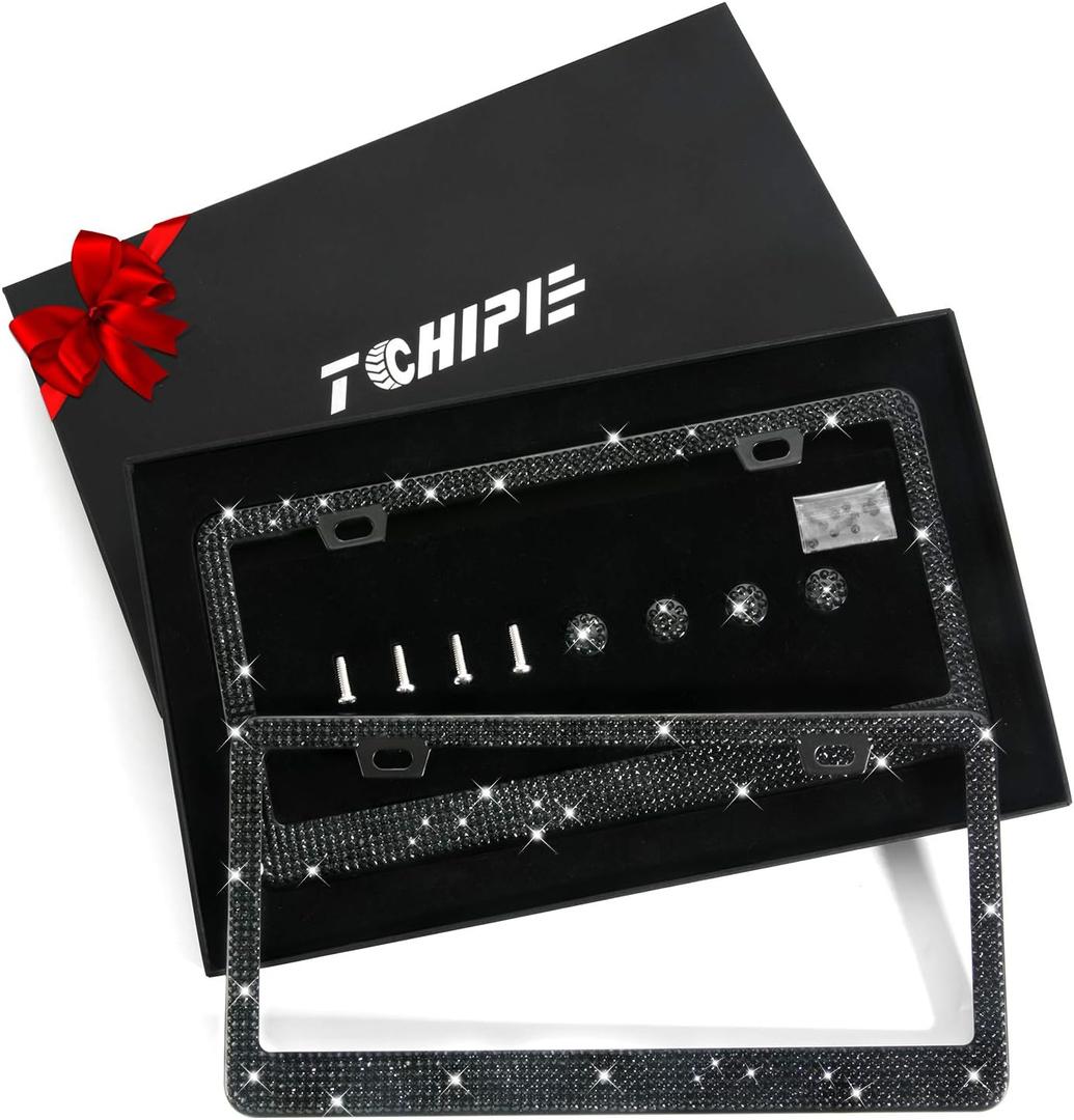 Tchipie 2 Pack Black Bling Rhinestone License Plate Frames for Women, Sparkly Diamond License Plate Frame, Bedazzled Crystal Car Accessories Cover, Glitter Tag Caps, Stainless Steel Holder(Black)