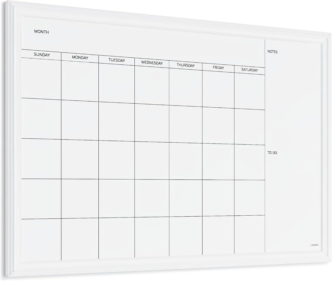 U Brands Magnetic Dry Erase Calendar White Board, 30" x 20", White Wood Style Frame, Includes Magnets