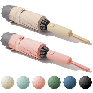 Damp away Compact Travel Umbrella, Portable Reverse Folding Car Umbrella, Large Windproof and Waterproof Inverted Umbrella, Automatic, 10 Ribs, 2PACK (KHAKI & PINK)