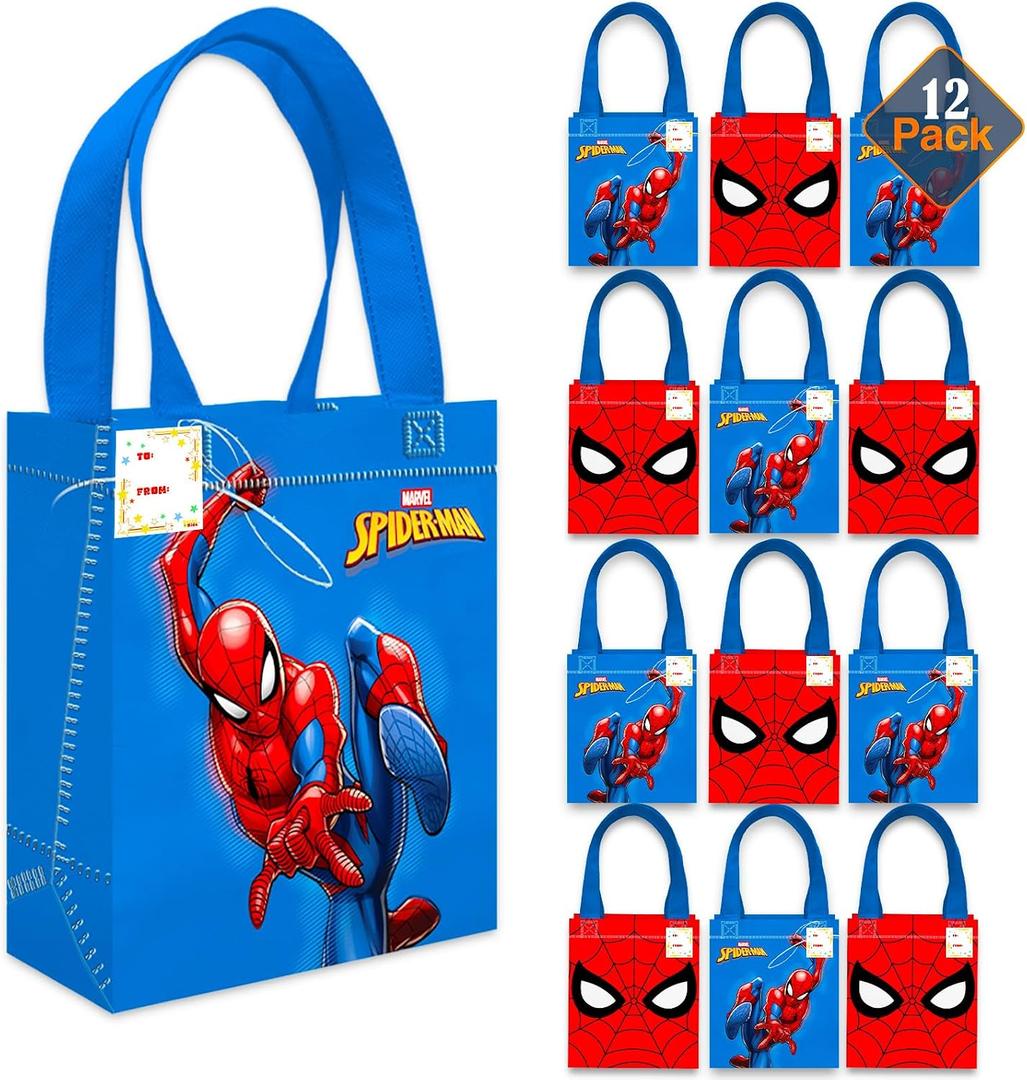 Spiderman Party Favor Bags Set 12 Pack 8" Marvel Party Goodie Bags for Kids Bulk Reusable Mini Totes | Spiderman Birthday Party Supplies