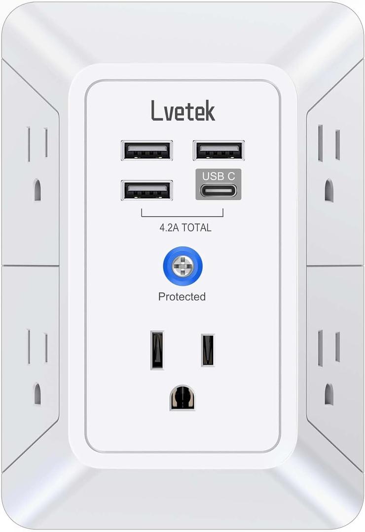 5 Outlet Extender Multi Plug Wall Outlets with 4 USB Charging Ports (1 USB C Outlet), 3 Sided 1680J Surge Protector Power Strip USB Wall Charger for Home, Office, Travel, ETL Listed, White (3U1C)